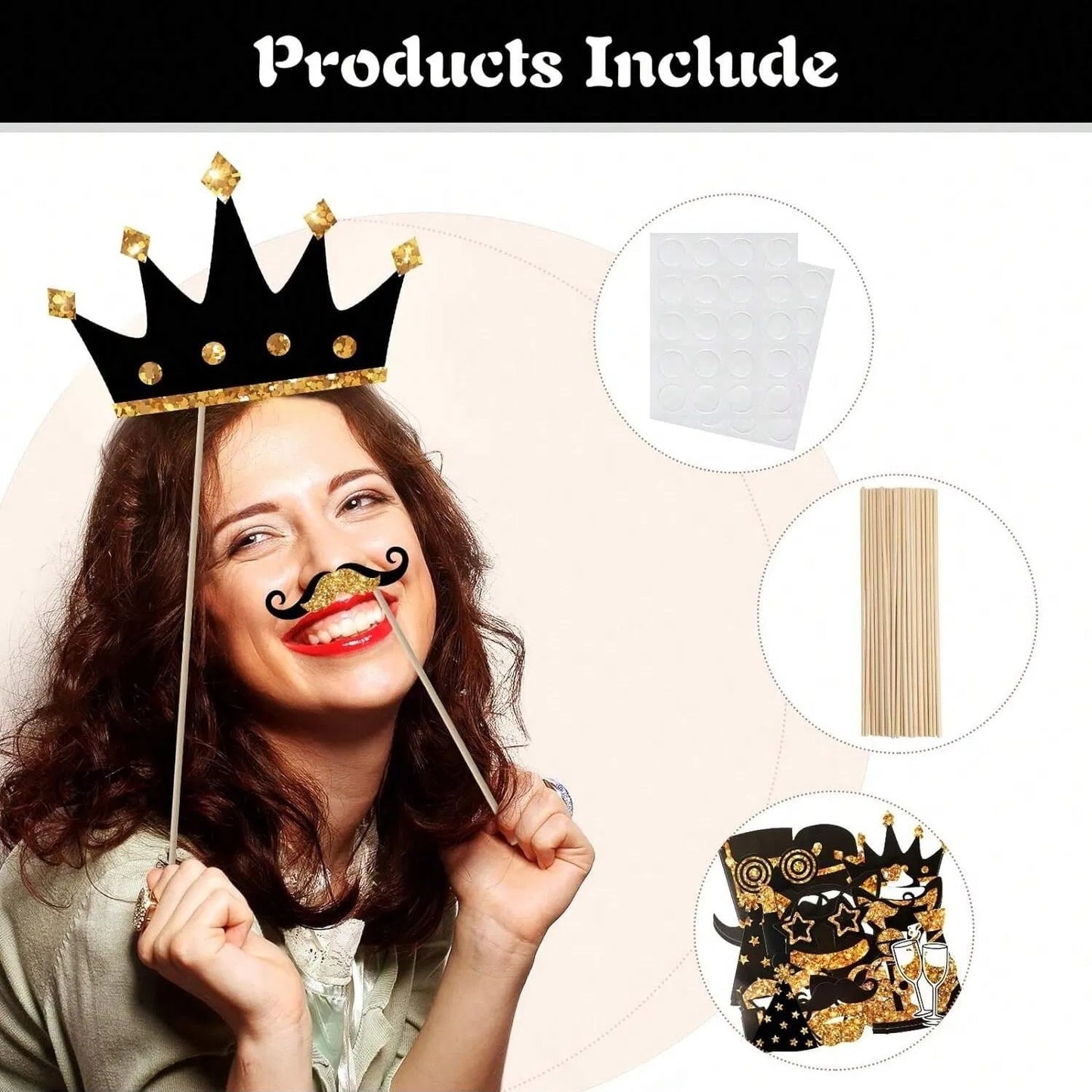 24 Pieces Party Photo Booth Props For Birthday Weddings Graduation Prom Party Supplies Mix Of Hats, Lipstick, Tie, Crowns Golden,Christmas