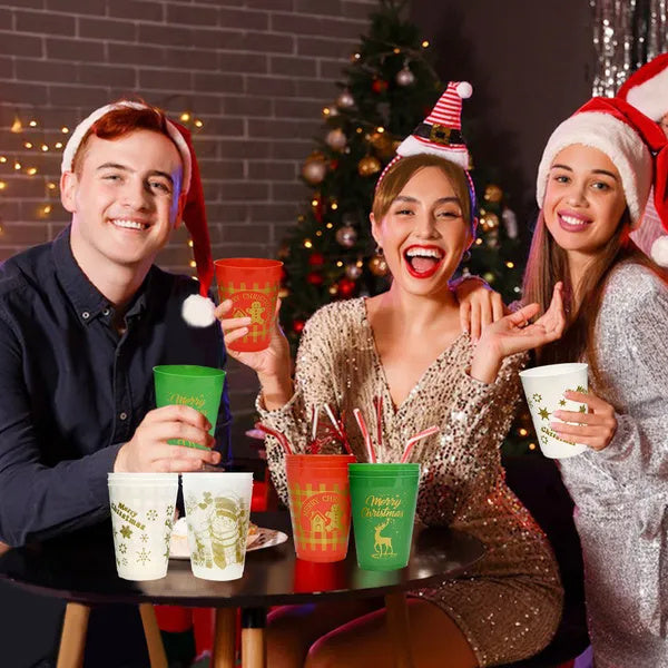 12 Pcs Christmas Plastic Tumblers Gingerbread Man Santa Reindeer Pattern 16 Oz Reusable Drink Cups Cute Beverage Cups For Beer Coffee Tea Xmas Holiday Party Supplies