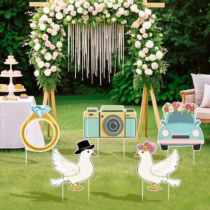 5Pcs Wedding Theme Party Yard Signs With Stakes Pigeon Ring Camera Pattern Road Decoration Wedding Reception Plastic Welcome Sign Large Bridal Shower Party Backdrop Photo Booth Props For Wedding Decor