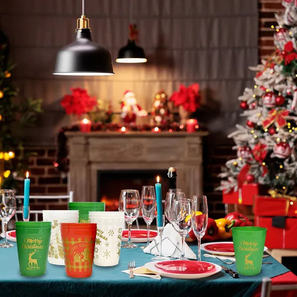 12 Pcs Christmas Plastic Tumblers Gingerbread Man Santa Reindeer Pattern 16 Oz Reusable Drink Cups Cute Beverage Cups For Beer Coffee Tea Xmas Holiday Party Supplies