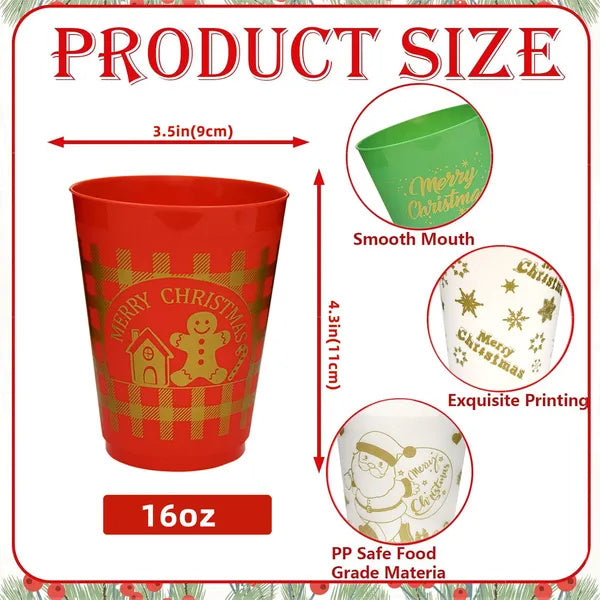 12 Pcs Christmas Plastic Tumblers Gingerbread Man Santa Reindeer Pattern 16 Oz Reusable Drink Cups Cute Beverage Cups For Beer Coffee Tea Xmas Holiday Party Supplies