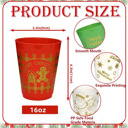 12 Pcs Christmas Plastic Tumblers Gingerbread Man Santa Reindeer Pattern 16 Oz Reusable Drink Cups Cute Beverage Cups For Beer Coffee Tea Xmas Holiday Party Supplies