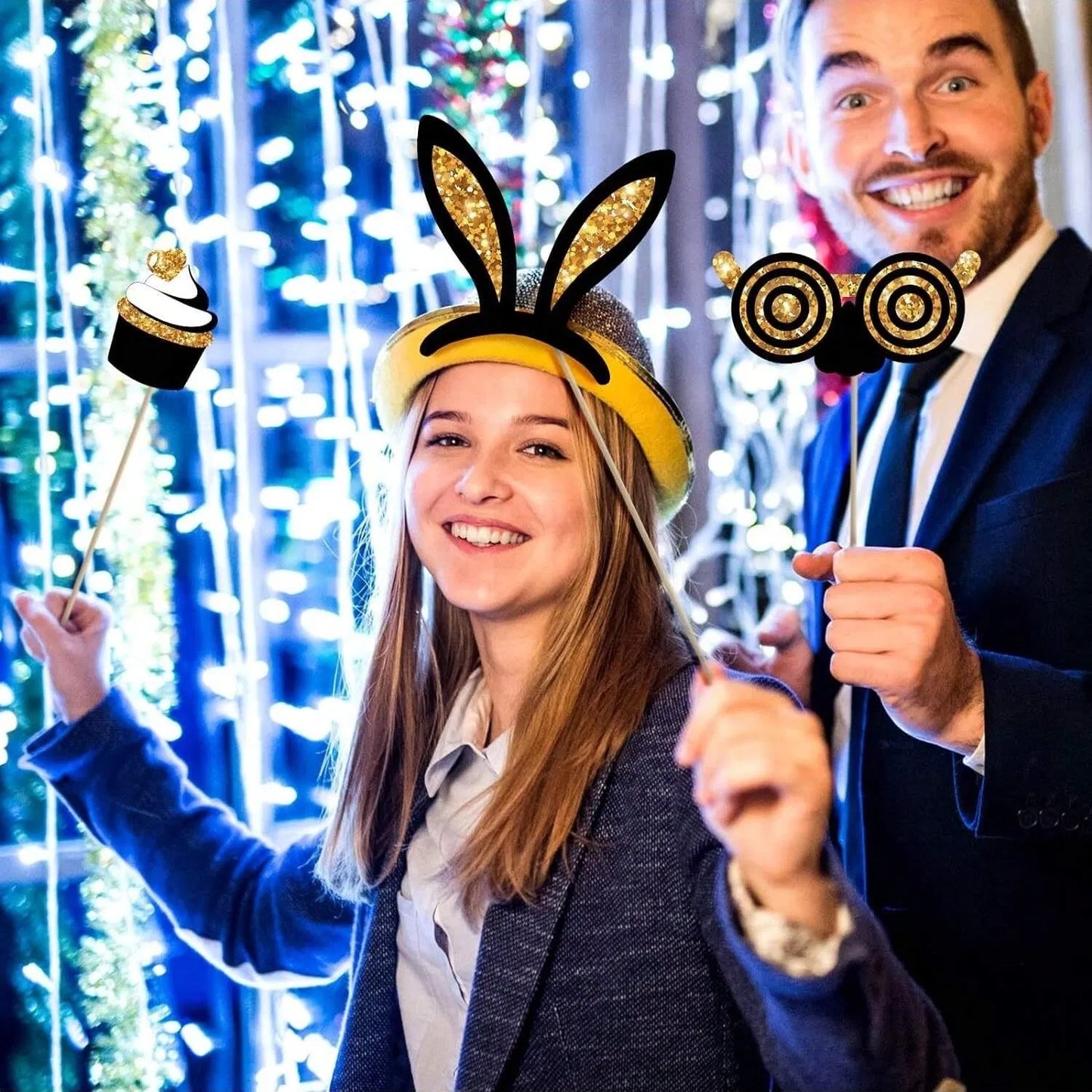 24 Pieces Party Photo Booth Props For Birthday Weddings Graduation Prom Party Supplies Mix Of Hats, Lipstick, Tie, Crowns Golden,Christmas