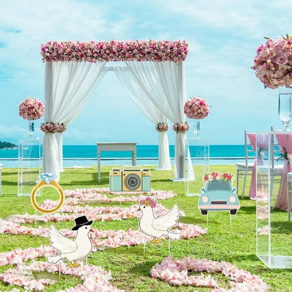5Pcs Wedding Theme Party Yard Signs With Stakes Pigeon Ring Camera Pattern Road Decoration Wedding Reception Plastic Welcome Sign Large Bridal Shower Party Backdrop Photo Booth Props For Wedding Decor