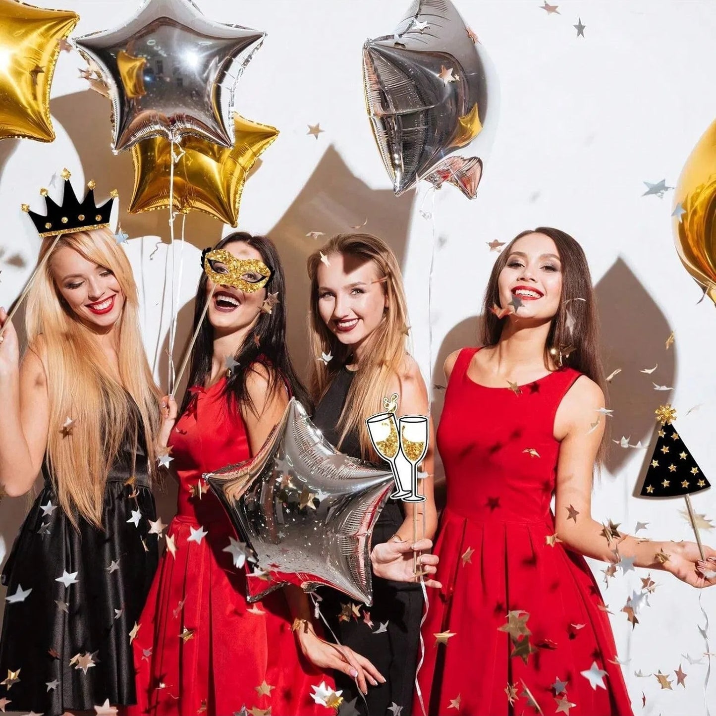 24 Pieces Party Photo Booth Props For Birthday Weddings Graduation Prom Party Supplies Mix Of Hats, Lipstick, Tie, Crowns Golden,Christmas