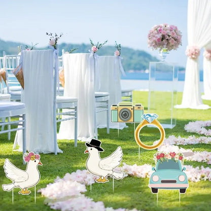 5Pcs Wedding Theme Party Yard Signs With Stakes Pigeon Ring Camera Pattern Road Decoration Wedding Reception Plastic Welcome Sign Large Bridal Shower Party Backdrop Photo Booth Props For Wedding Decor